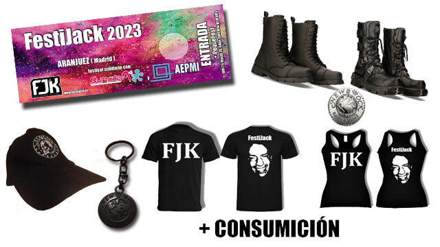 Pack Entrada + camiseta FJK + consumición + sorteo botas New Rock + gorra + llavero