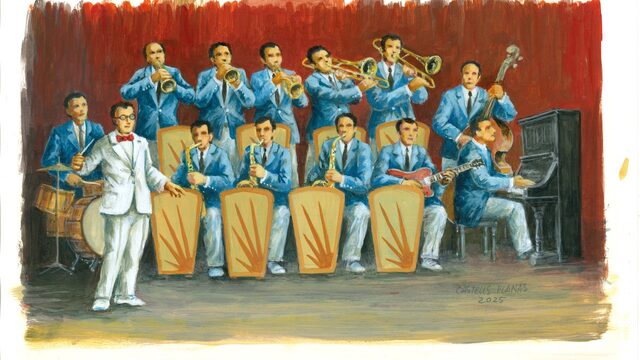 Làmina: El mestre i músic Guitart Faura dirigint una orquestra. 