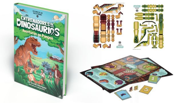 Entrenadores de dinosaurios. Pack iguanodonte con juego de mesa Parchís jurásico.