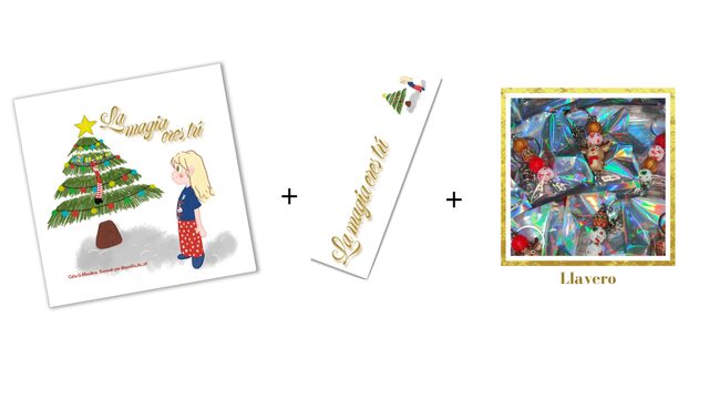 Cuento + marcapáginas + llavero