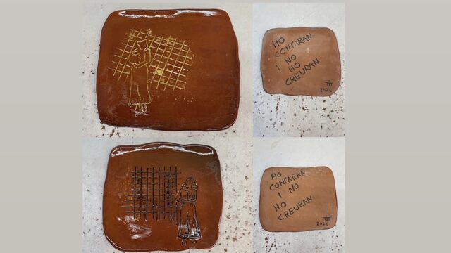 Peça de ceràmica exclusiva "Silenciades", de l'artista Maria Ramis, amb les paraules "Ho contaran i no ho creuran", accés al documental on line i aparèixer als crèdits del documental