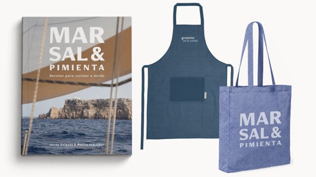 Libro con dedicatoria + delantal "grumete en la cocina" + totebag azul