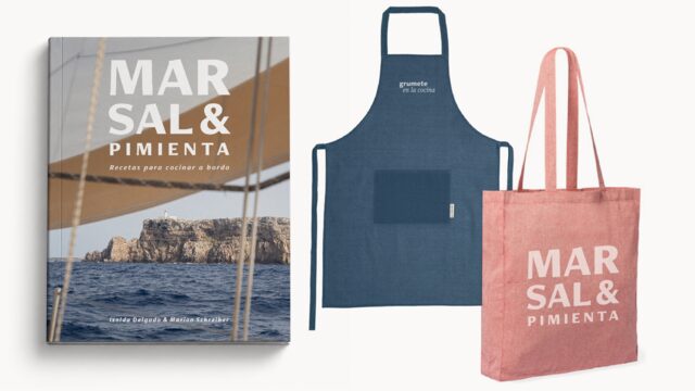 Libro con dedicatoria + delantal "grumete en la cocina" + totebag roja