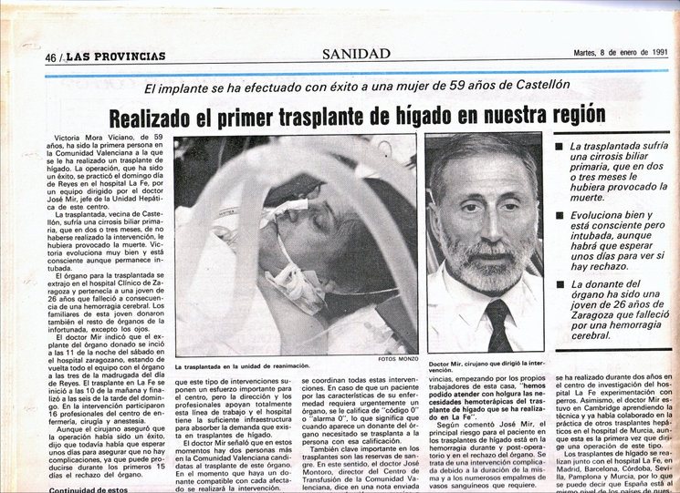 Información en Las Provincias sobre el primer trasplante hepático en La Fe (1991).