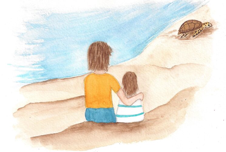 María y Aitor viendo a Terra en la playa.
