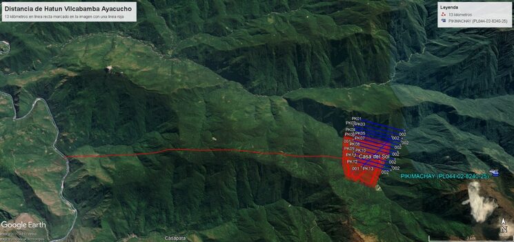 Zona de prospección sobre el núcleo de Hatun Vilcabamba, con una línea hacia el oeste que señala la distancia más corta hasta el río Apurímac, que  discurre en el límite entre las regiones de Cusco y Ayacucho  