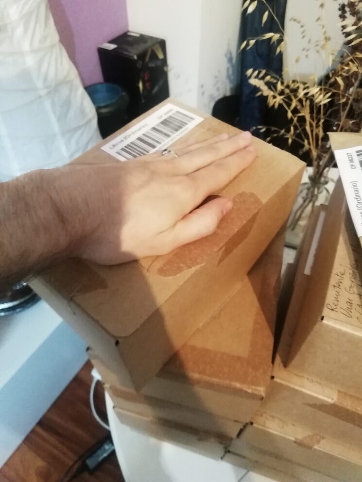 El paquete de correos tiene este tamaño (21x15cm) y dentro está vuestro pedido protegido y junto a unos posters de regalo. 