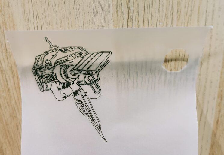 Hoja vegetal con un plotter de una ilustración, una nave espacial