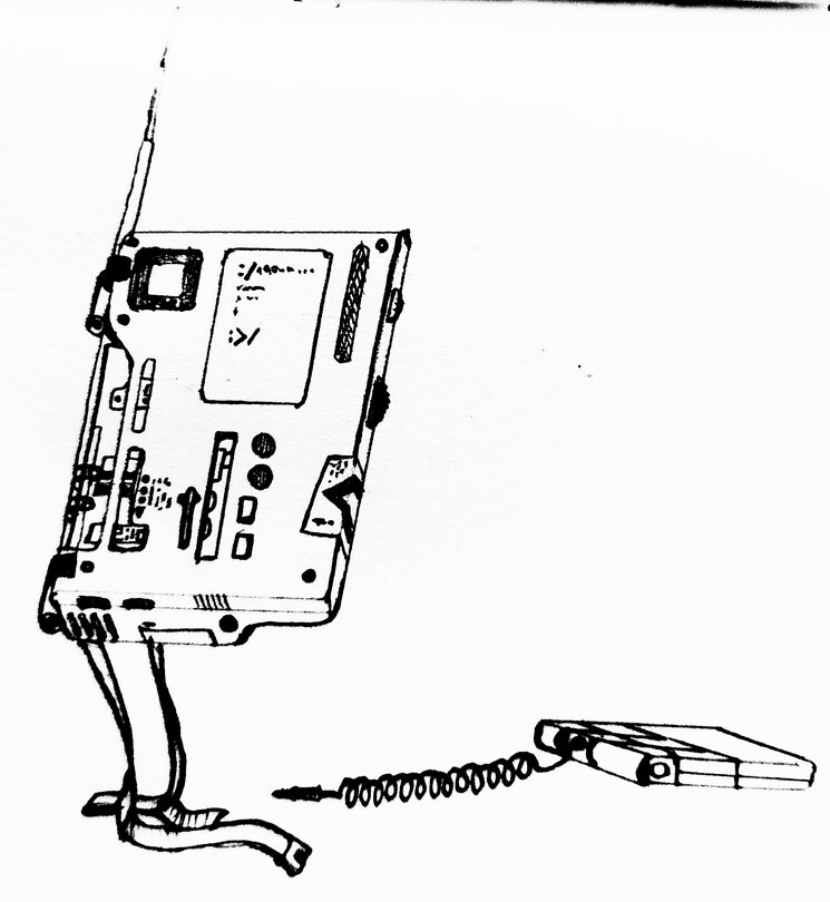 Boceto de un dispositivo de mano cuadrado con pinta de analógico