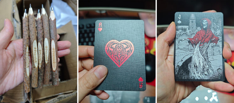 Muestras de producción de los lápices-estaca y las cartas de Drácula.