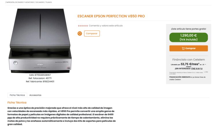 Escaner Epson V850 pro a la venta en Fotocasion.