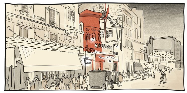 El Moulin Rouge en el cómic. El popular cabaret fue fundado también ese mismo año de 1889