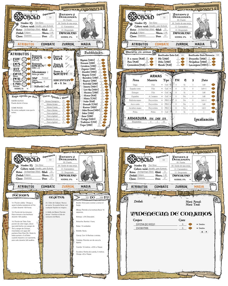Layout de la ficha de Kobold para la plataforma ROLL20