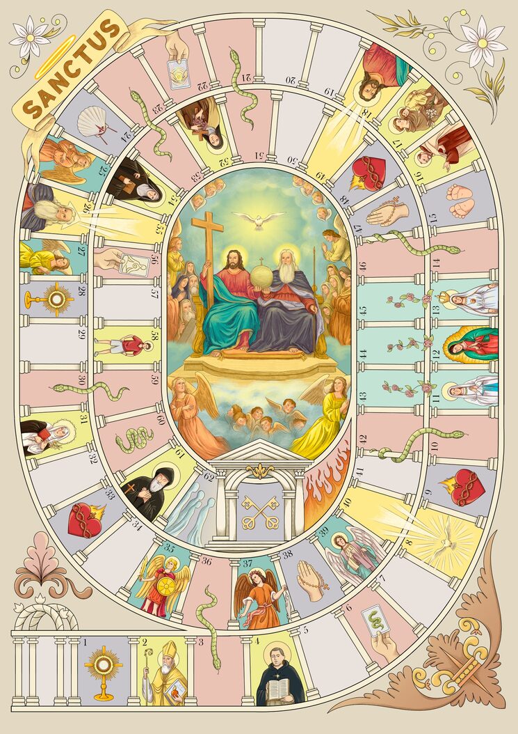 Tablero de SANCTUS. Ilustraciones de © Flor Milano