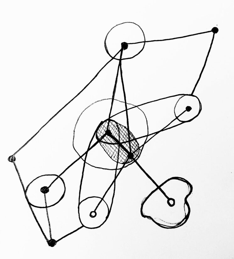 dibujo a lápiz de un mapa/esquema de puntos, líneas y ondas