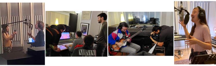 Instentáneas del processo de grabación 3; de izquierda a derecha: Ana Montero y Ana Santa de Soulful Voices; Pablo, Rosillo, Jesús y Luismi; Jesús y Shadday, yo.