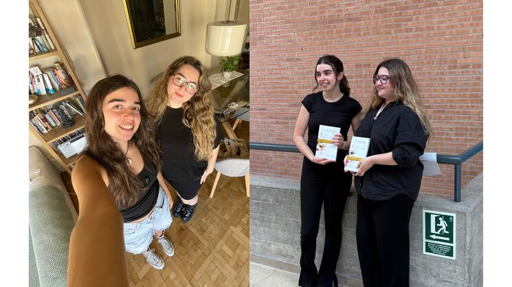 Un par de fotos de nosotras; a la derecha, el día de la presentación del proyecto