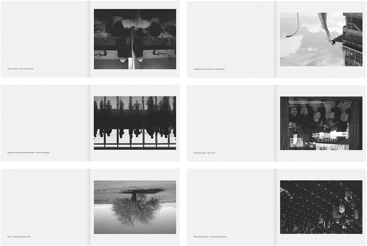 Algunas de las dobles páginas del libro, con fotografías tomadas en Río de Janeiro, Brasilia, Asunción, Cusco, San Pedro de Atacama y Buenos Aires