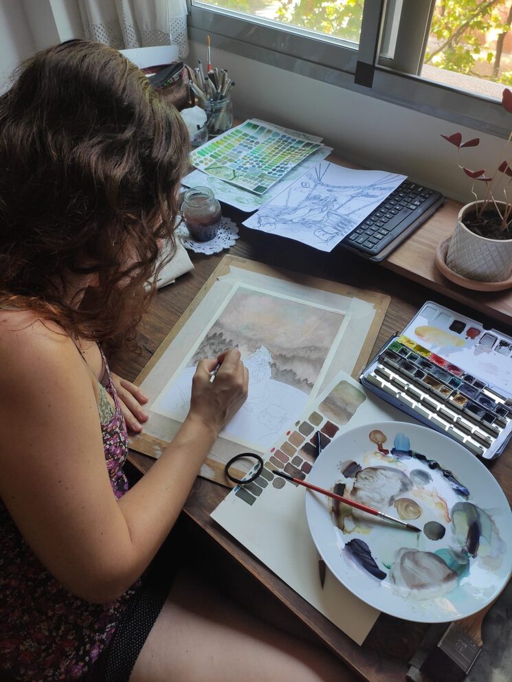 Tamara de Frutos trabajando en las ilustraciones de El Postre Hibernal