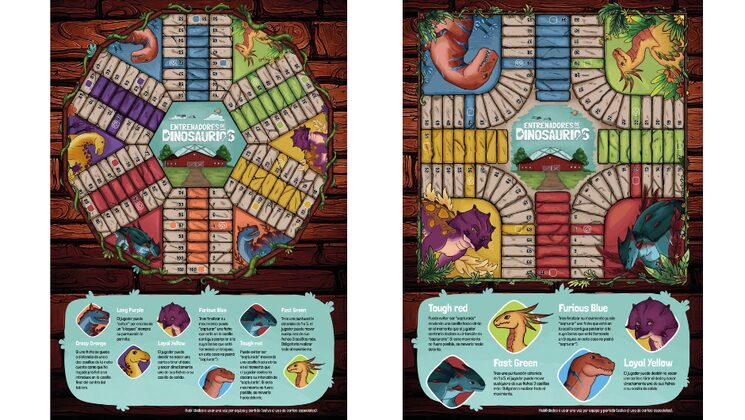 El Parchís jurásico viene con dos tableros, uno para cuatro jugadores y otro para seis jugadores, ambos en tamaño A3 con papel estucado de 250 gr barnizado.