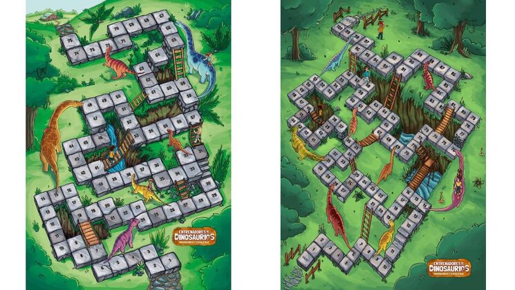 El juego se presenta con dos tableros tamaño A3, uno en cada cara, 250 gr papel estucado con acabado barniz brillo. Cada tablero tiene un nivel de dificultad asociado a la cantidad de casillas, dinosaurios y escaleras que hay que superar para llegar a la meta