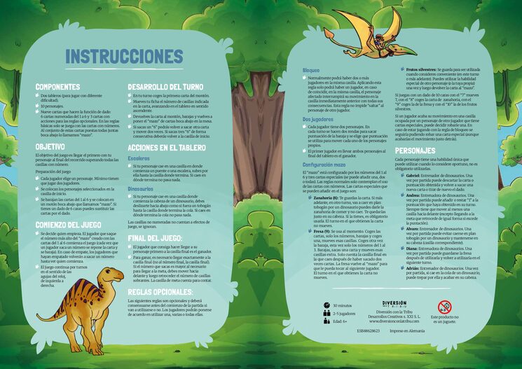 Las reglas vienen impresas detrás de portada y contraportada, en papel estucado de 250 gr, acabado plastificado brillo.