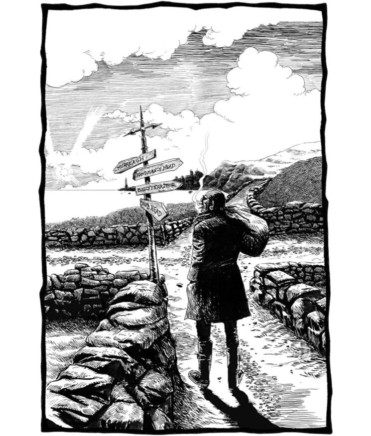 En la encrucijada que decidirá su destino, y el de muchos de los habitantes de Hangman´s Head, Bill se deja guiar una vez más por su olfato a la hora de escoger su camino: será el aroma del whisky el que encamine sus pasos hacia el único pub de los alrededores.