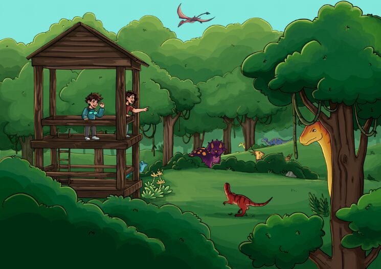 La barrera que separa los dos tableros para que no sea posible ver la posición de los dinosaurios del jugador rival viene también en un DINA 3 de 250 gr. Solo hay que doblar por la mitad el DINA 3, doblar las bases y colocarla como si fuera un "calendario de mesa".