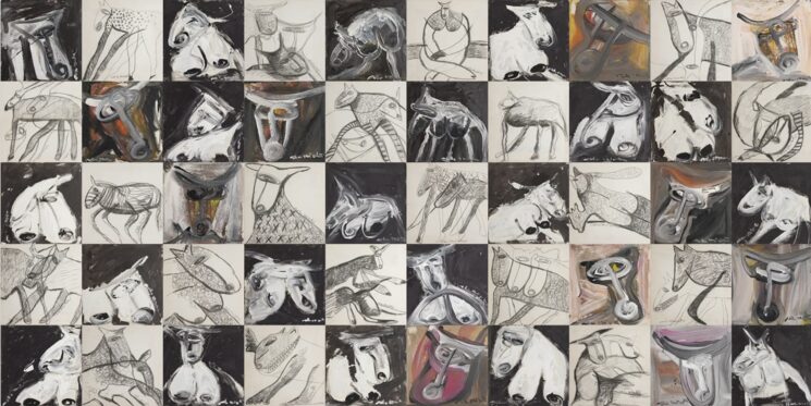 "Al fin reunidas". Mural de 50 piezas. Tecnica mixta sobre tela, 2004.Colección de Museo de la Universidad de Valladolid (MUVa).