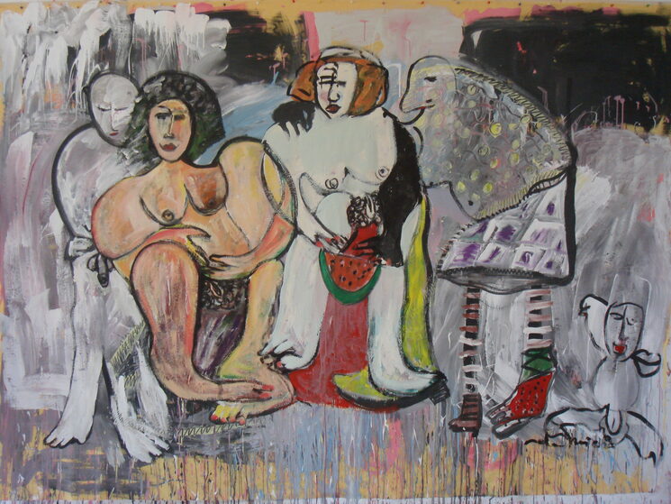"Amigos cuánticos", mixta sobre tela, 200x250cm.2006.