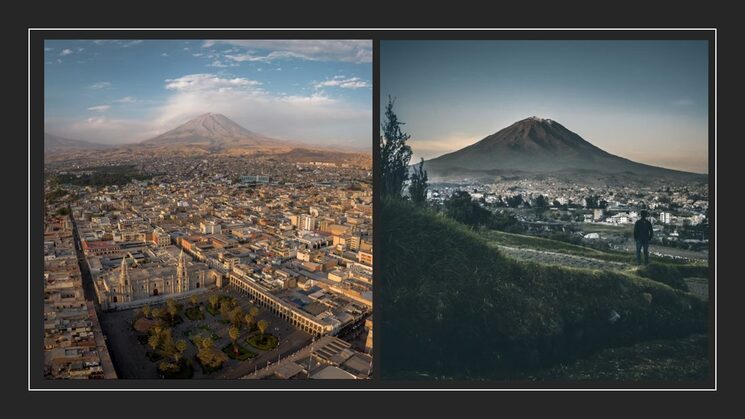 Fotos 1, la hermosa ciudad de Arequipa custodiada por el volcán Misti. La ciudad con mayor cantidad de habitantes españoles del Perú virreinal. Escribió Cervantes en la Galatea: ¡Arequipa! ¡Oh en Arequipa, la eterna primavera! Foto 2, La misteriosa Arequipa en los atardeceres que invitan a la melancolía y al arcano, propio del misterio, del romance, como aquella tragedia entre Mariano Melgar y su díscola musa Silvia.