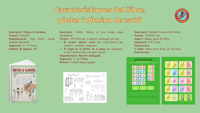 Descripció detallada del llibre el joc de dòmino adjunt i el pòster per muntar la teva pròpia plaça de sardanes.