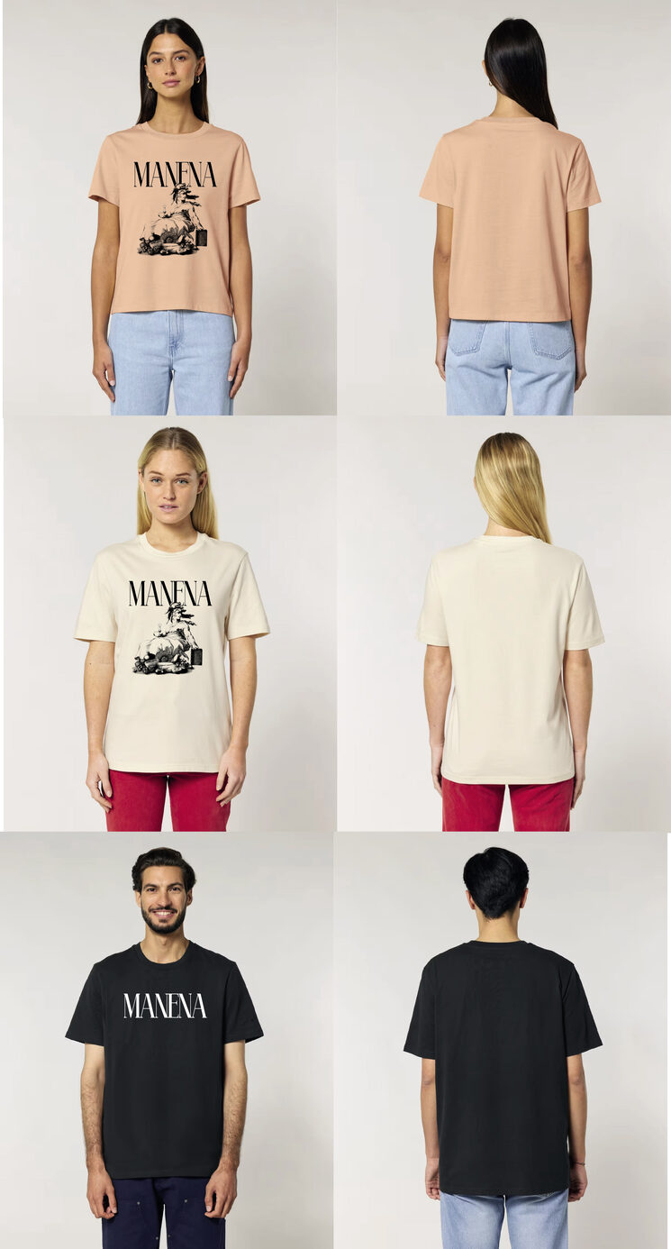 Camisetas con diseño de la portada. Dos colores: salmón y natural. Negra: más sencilla, solo con el nombre de la banda.