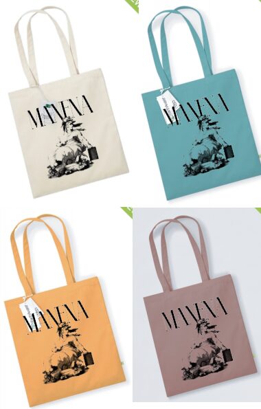 Colores y características de las tote bags: Natural, Azul verdoso, Amarillo y Marrón