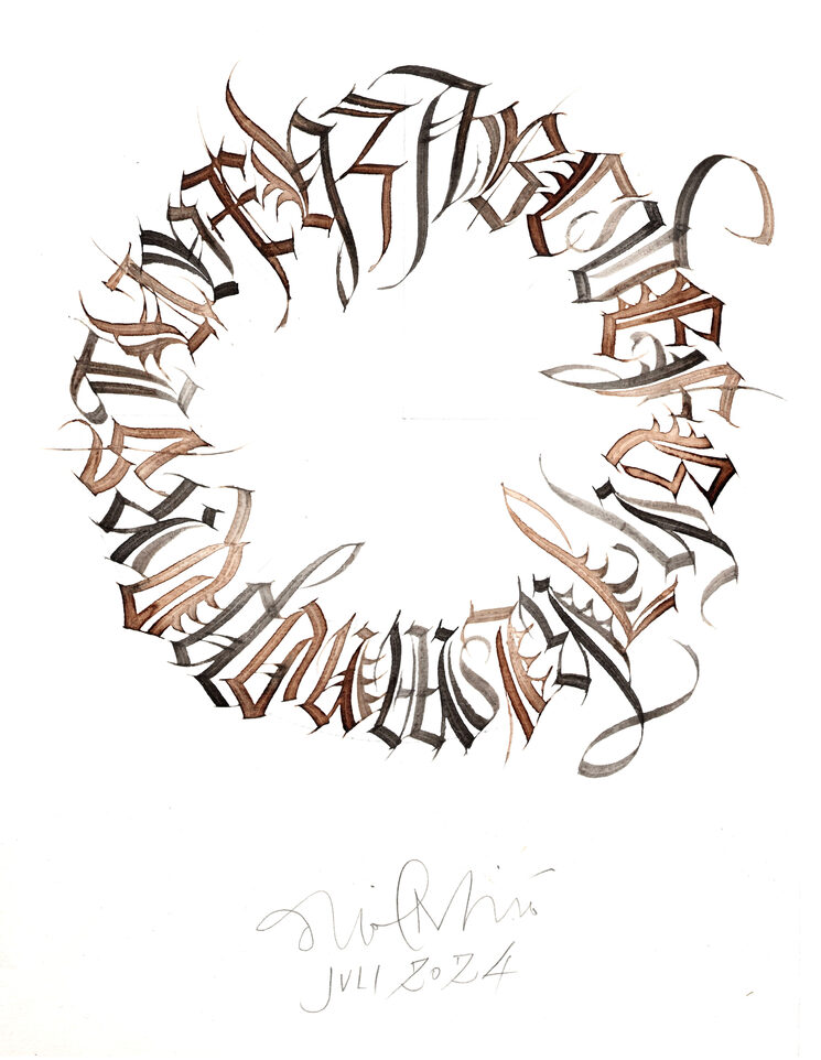 Oriol Miró. Círculo Mayúsculas gòticas Koch. Caligrafía original, plumilla metálica, tinta china en barra y nogalina sobre papel. Medidas aprox 20x30 cm. 