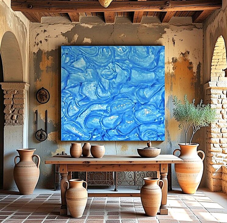 Obra física en azul con espuma proyectada en espacio.