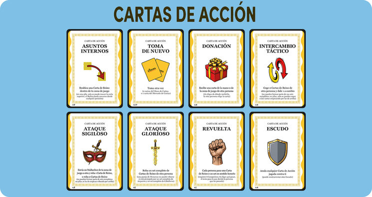 8 tipos de Cartas de Acción, con un total de 36 unidades