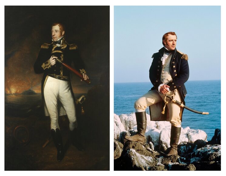 A la izquierda Lord Cochrane en un cuadro hacia 1830, en la derecha una recreación con inteligencia artificial ataviado como capitán de navío durante las guerras Napoleónicas