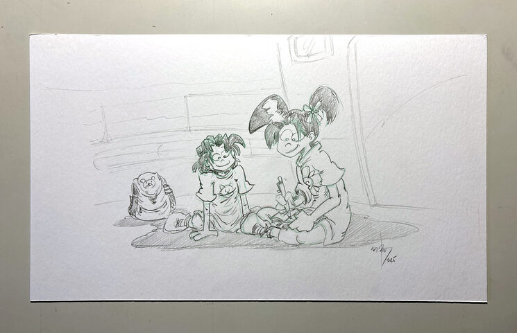 Ilustración original a lápiz de Mara y Eva.