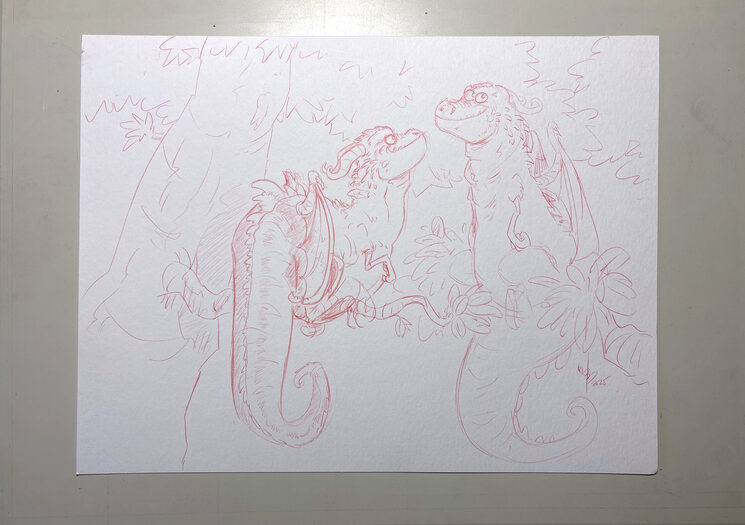 Ilustración original a lápiz del dragón arborícola.