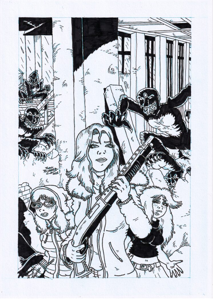 Ilustración poster realista 2 original a tinta sobre blue copy