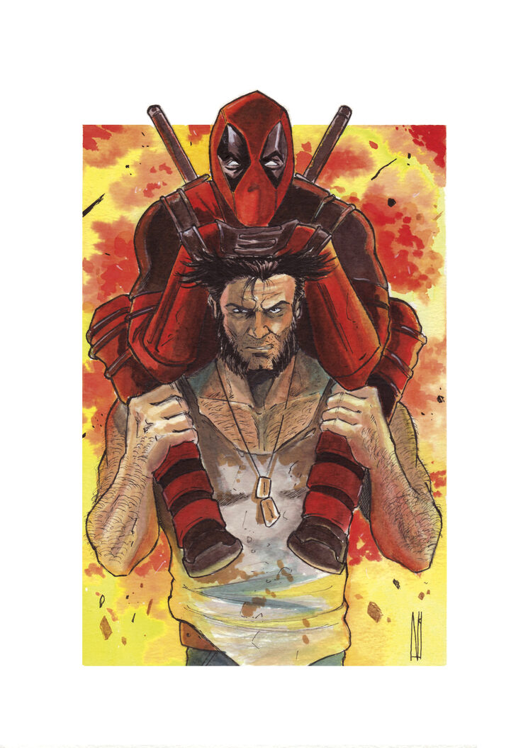 Original en acuarela de Deadpool y Logan en tamaño A4