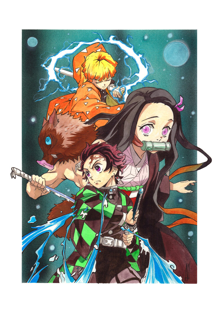 Original en acuarela de Demond Slayer en tamaño A3