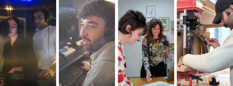 De izquierda a derecha. (1) Voces: Elena De la Flor y Manuel Duarte. (2) Grabación y mezcla: Pacífico Estudio. (3)Logo, tipografía e ilustración: Cecilia Gutiérrez y Fátima González. (4) Carpintería: Carlos Carmona