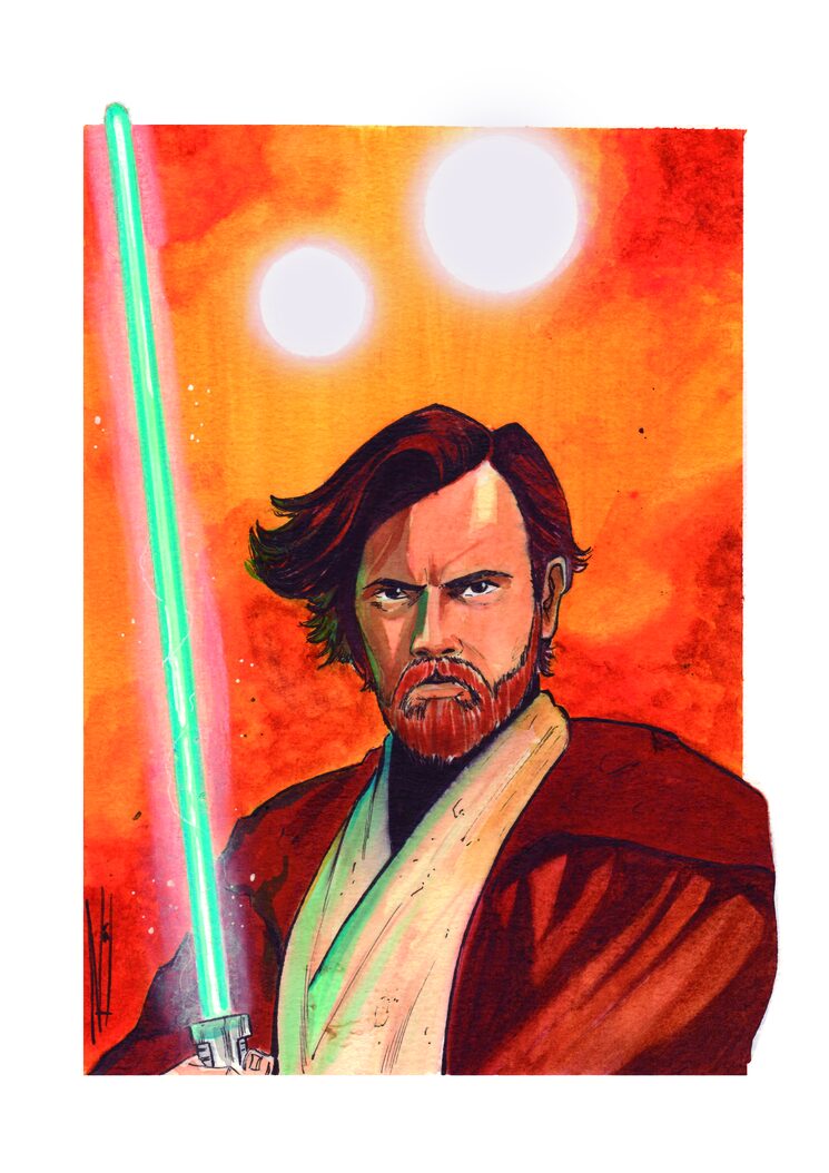Original en acuarela Obi Wan en tamaño A4