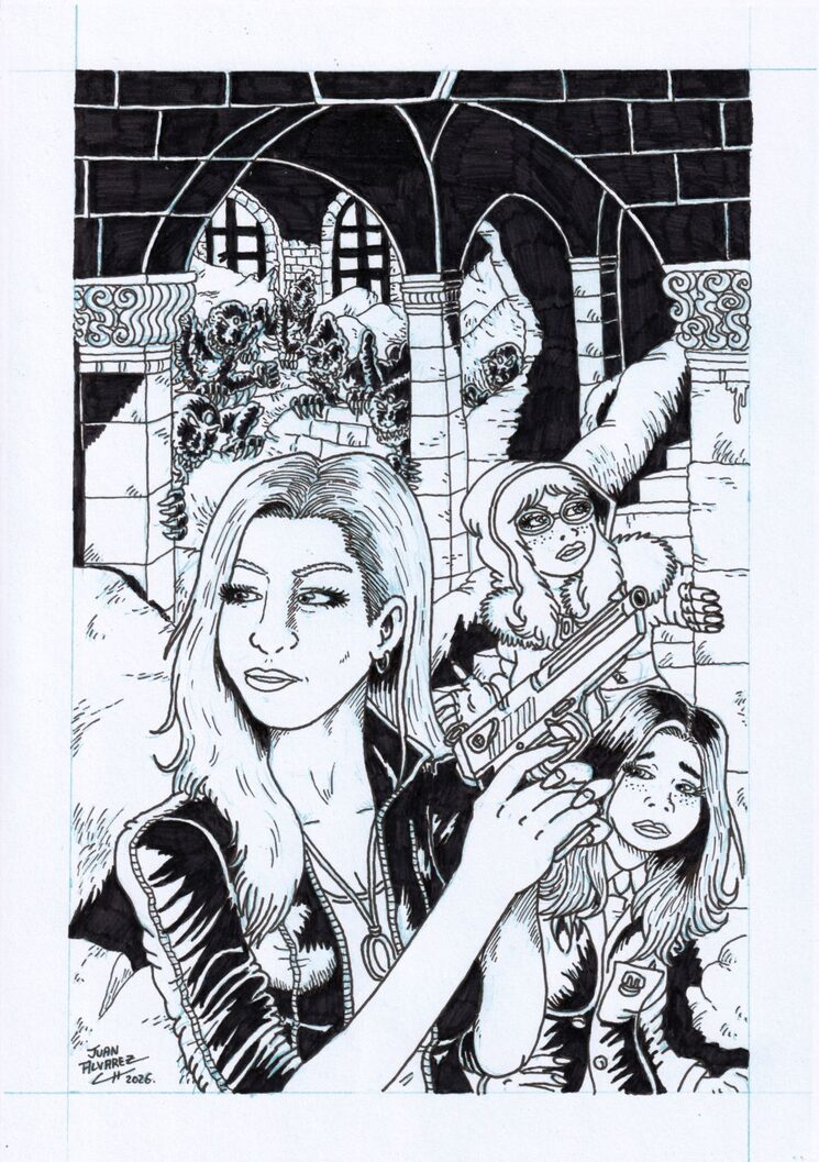 Ilustración poster realista 4 original a tinta sobre blue copy