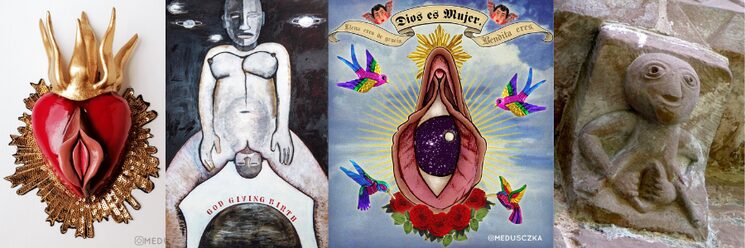 Sagrado corazón de Meduscka / God giving birth de Momica Sjoo / Dios es mujer de Meduscka / Sheela Na Gig de Kilpeck, UK