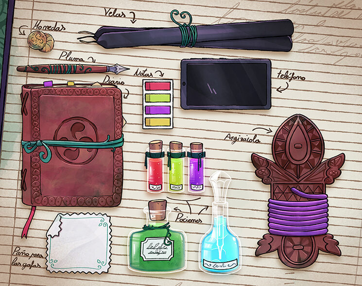 Objetos personales de nuestro protagonista sorgina (brujo).