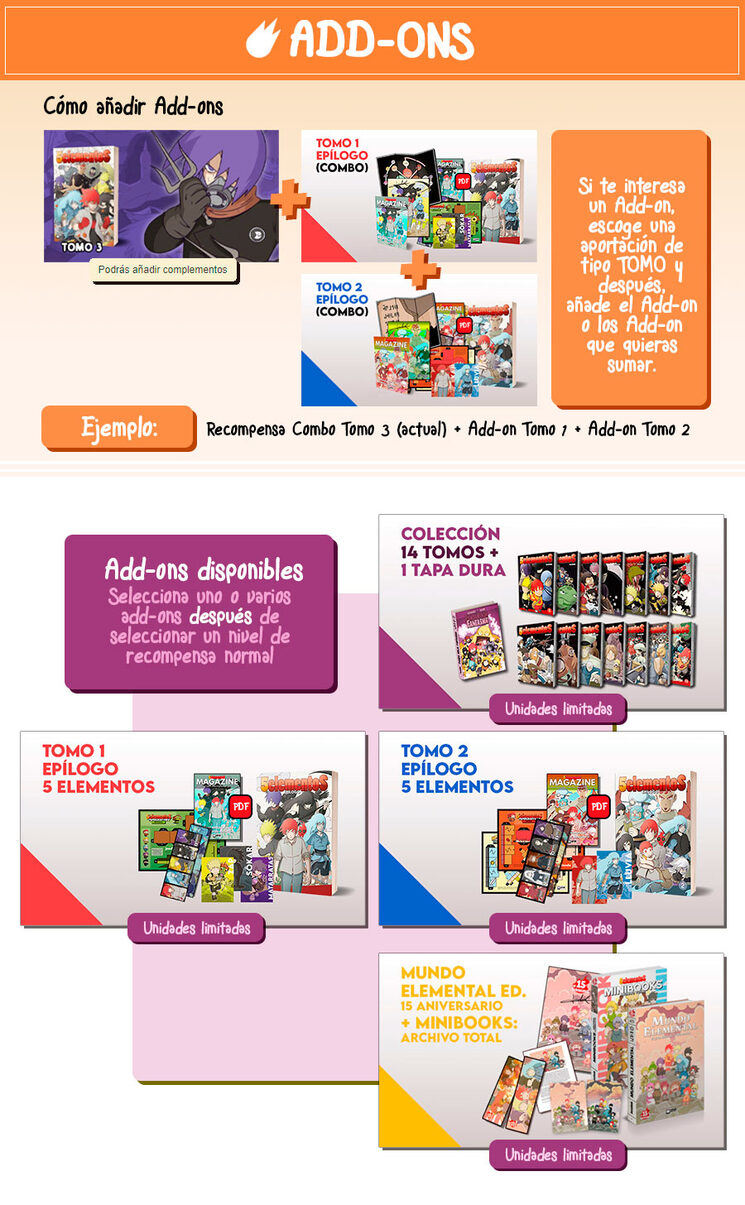 Para añadir un add-on, debes seleccionar primero una recompensa normal, y después, escoger los add-on que te interesen (también disponibles envíos internacionales)
