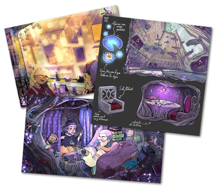Estas 3 ilustraciones son diseños conceptuales inéditos y que no aparecen en los cómics. Apreciamos algunos personajes del cómic y espacios íntimos de Sustraia: la biblioteca y ciudad subterranea de las sorginak, "brujas vascas".